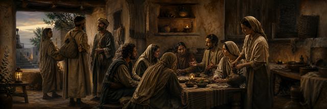 A first-century house church sharing a meal while discerning hospitable and trustworthy leaders
